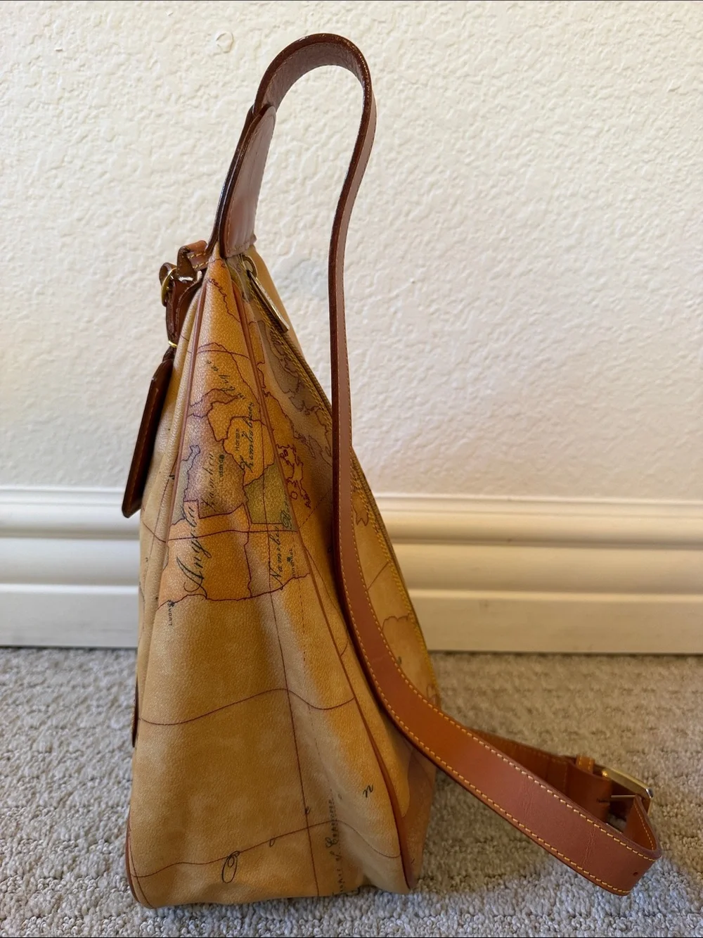 Vintage Alviero Martini 1A Classe Tan Map-Print Leather Sling Shoulder Bag